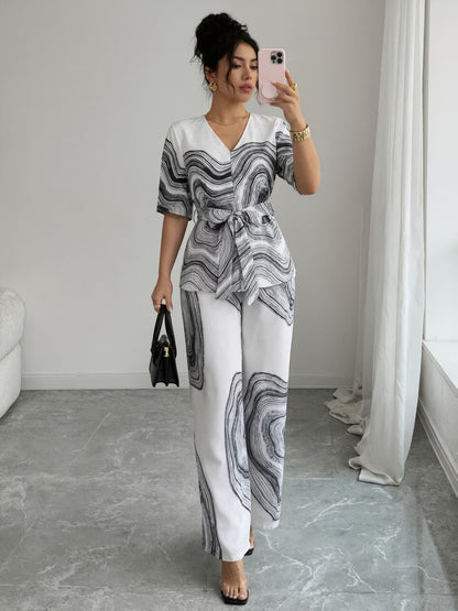 Women’s Wave Print Lace-Up V-Neck Top & Wide-Leg Pants Set