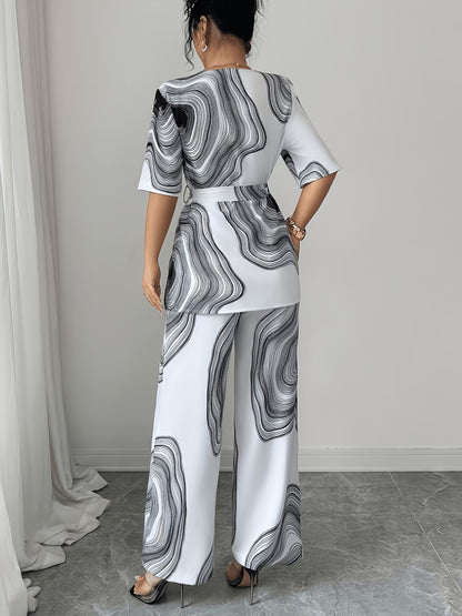 Women’s Wave Print Lace-Up V-Neck Top & Wide-Leg Pants Set