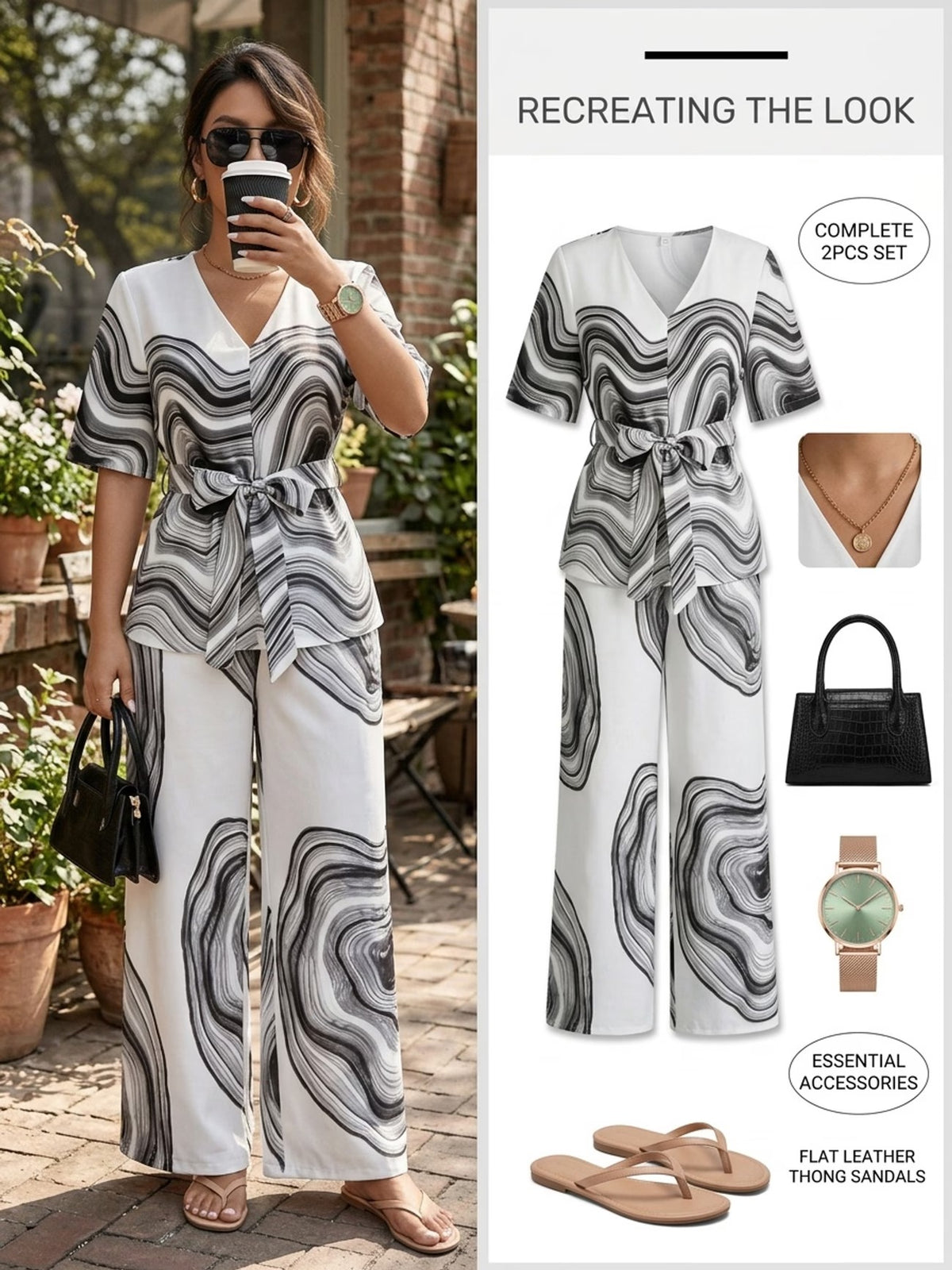 Women’s Wave Print Lace-Up V-Neck Top & Wide-Leg Pants Set