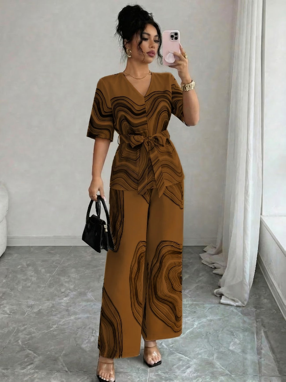Women’s Wave Print Lace-Up V-Neck Top & Wide-Leg Pants Set