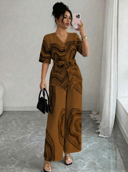 Women’s Wave Print Lace-Up V-Neck Top & Wide-Leg Pants Set