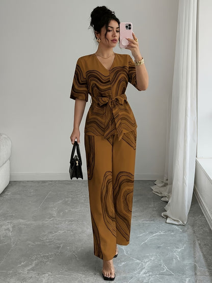 Women’s Wave Print Lace-Up V-Neck Top & Wide-Leg Pants Set
