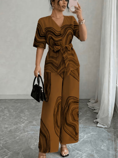 Women’s Wave Print Lace-Up V-Neck Top & Wide-Leg Pants Set
