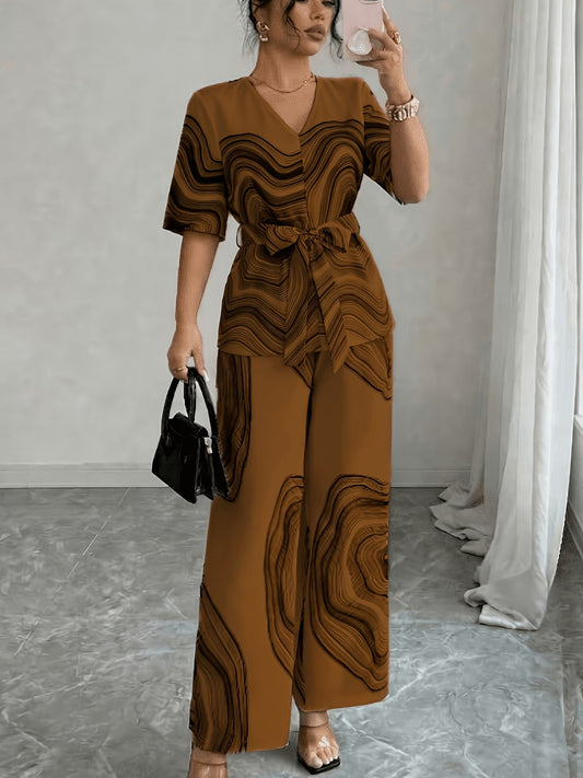 Women’s Wave Print Lace-Up V-Neck Top & Wide-Leg Pants Set