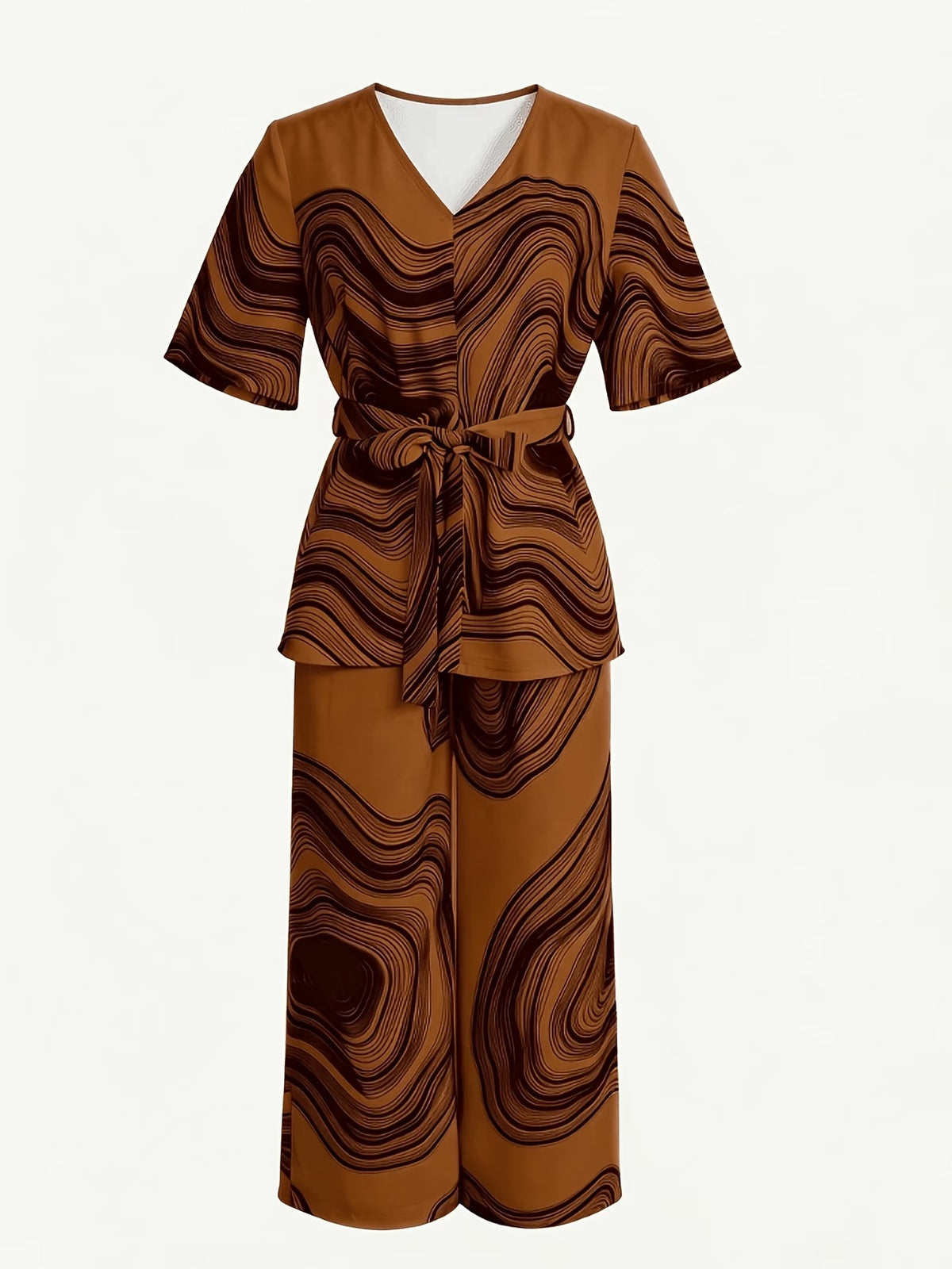 Women’s Wave Print Lace-Up V-Neck Top & Wide-Leg Pants Set