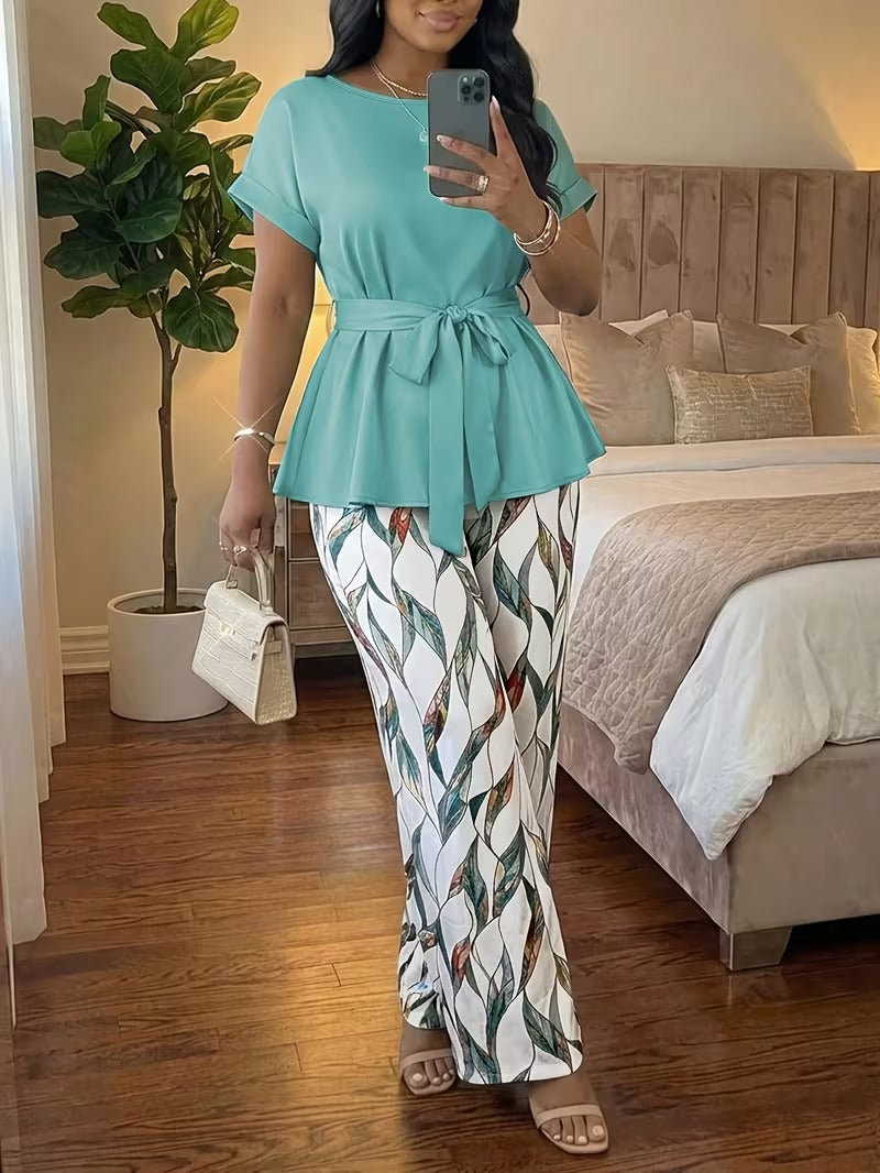 Women’s Short-Sleeve Top & Loose Straight-Leg Pants 2-Piece Set