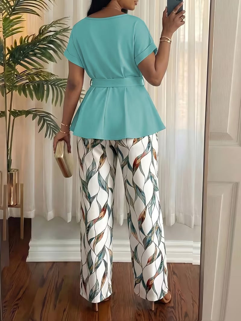 Women’s Short-Sleeve Top & Loose Straight-Leg Pants 2-Piece Set