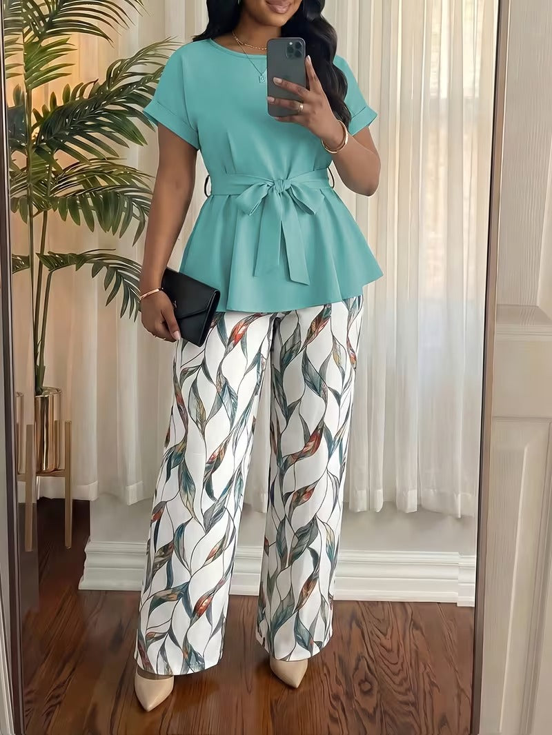 Women’s Short-Sleeve Top & Loose Straight-Leg Pants 2-Piece Set