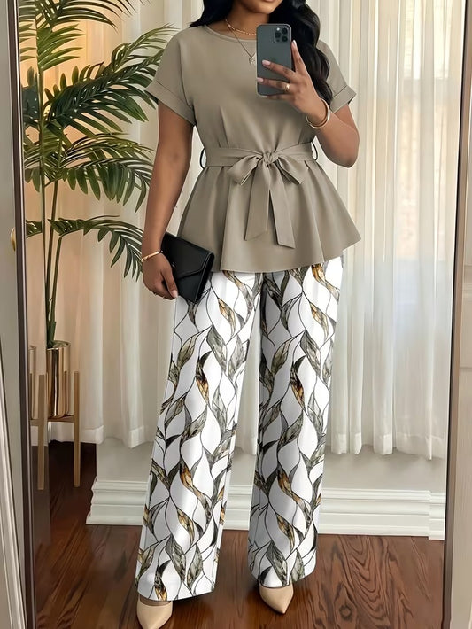 Women’s Short-Sleeve Top & Loose Straight-Leg Pants 2-Piece Set