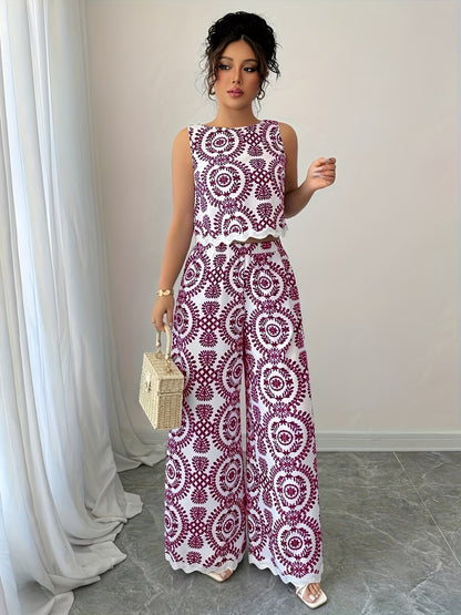 Women’s Stylish Sleeveless Blouse & Printed Straight-Leg Pants Set