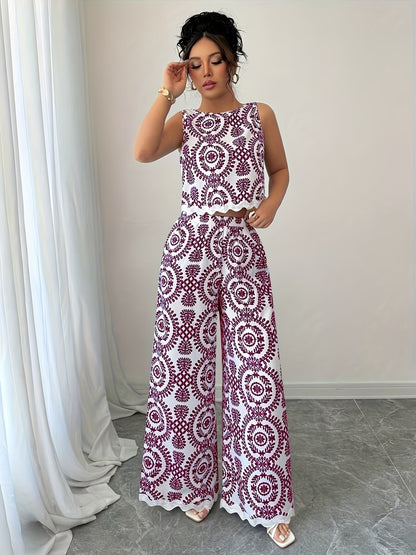 Women’s Stylish Sleeveless Blouse & Printed Straight-Leg Pants Set