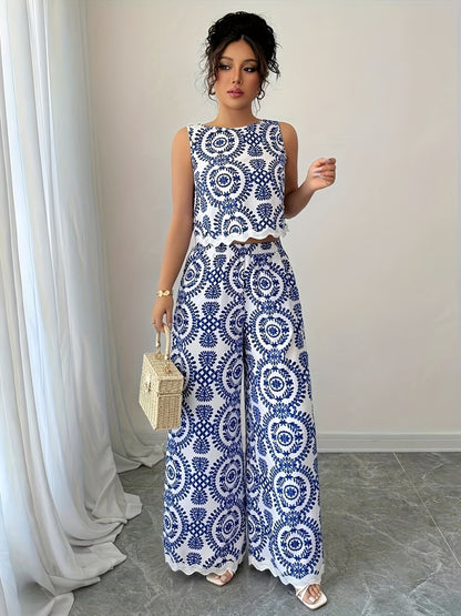 Women’s Stylish Sleeveless Blouse & Printed Straight-Leg Pants Set