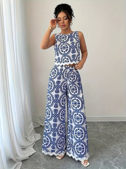 Women’s Stylish Sleeveless Blouse & Printed Straight-Leg Pants Set