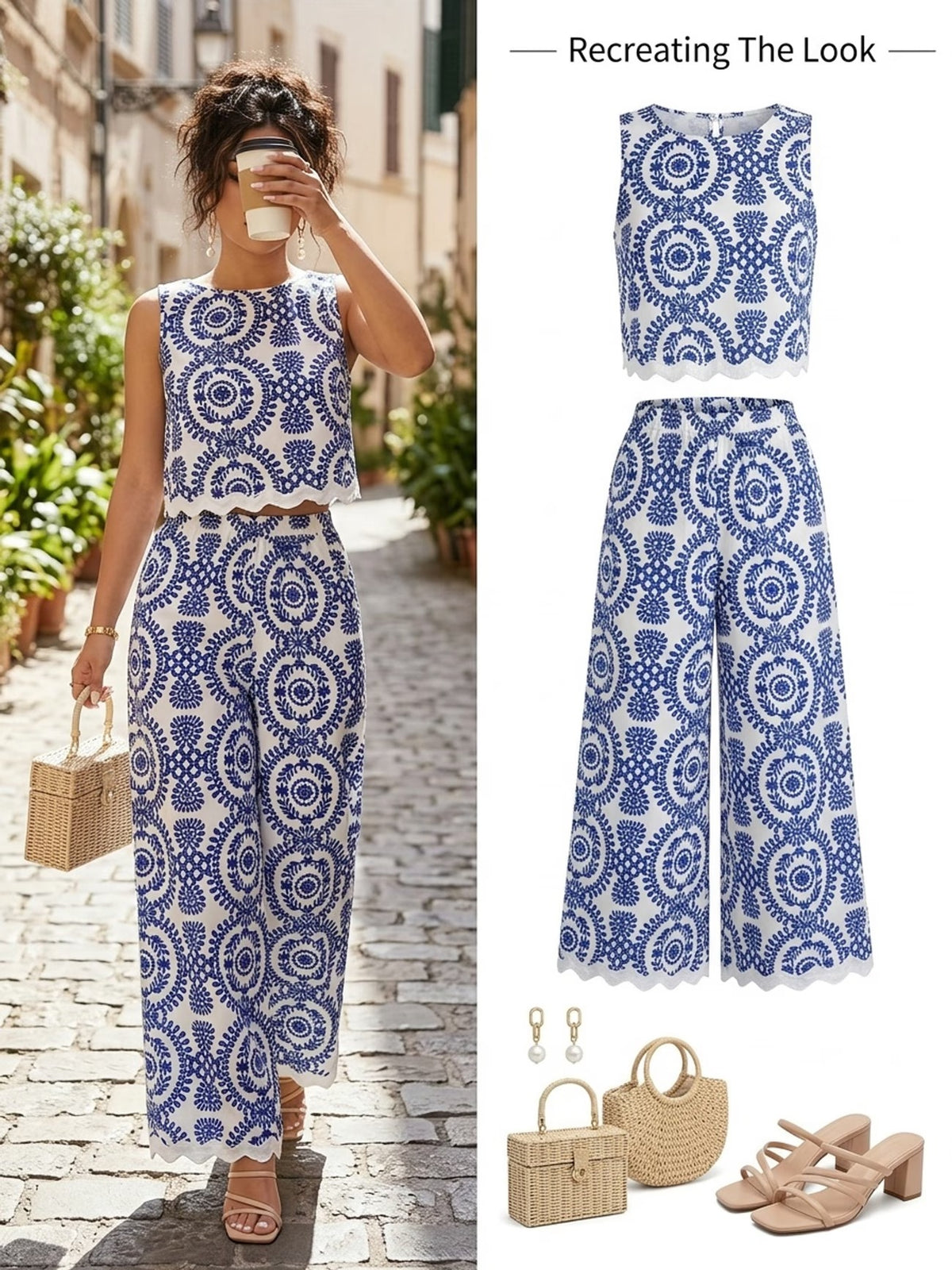 Women’s Stylish Sleeveless Blouse & Printed Straight-Leg Pants Set