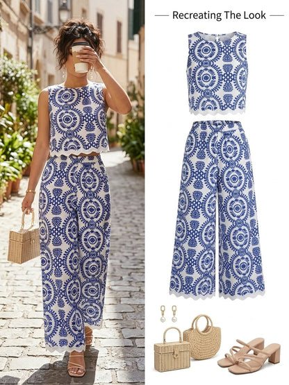 Women’s Stylish Sleeveless Blouse & Printed Straight-Leg Pants Set