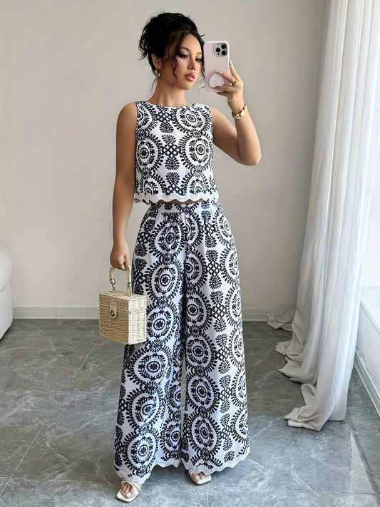 Women’s Stylish Sleeveless Blouse & Printed Straight-Leg Pants Set