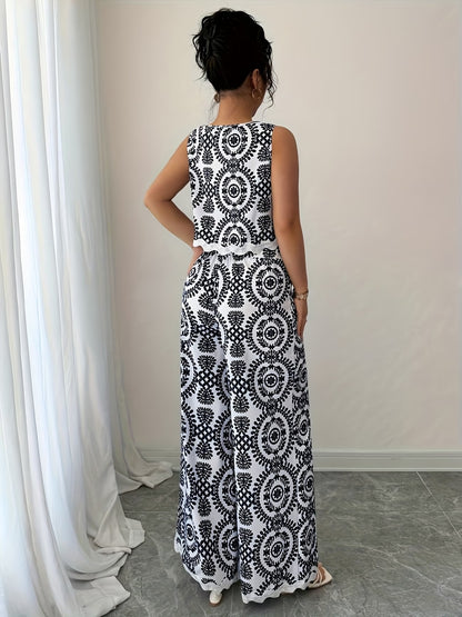 Women’s Stylish Sleeveless Blouse & Printed Straight-Leg Pants Set