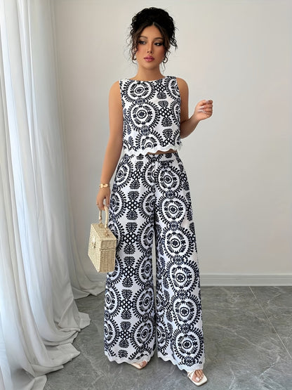 Women’s Stylish Sleeveless Blouse & Printed Straight-Leg Pants Set