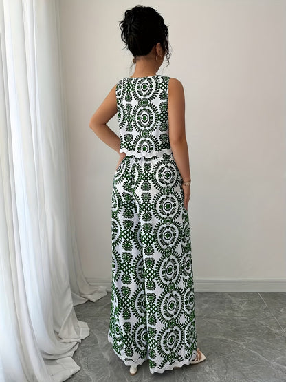 Women’s Stylish Sleeveless Blouse & Printed Straight-Leg Pants Set