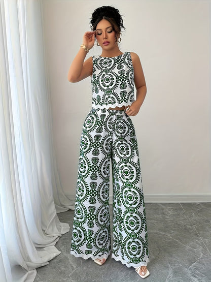 Women’s Stylish Sleeveless Blouse & Printed Straight-Leg Pants Set