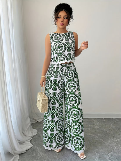 Women’s Stylish Sleeveless Blouse & Printed Straight-Leg Pants Set