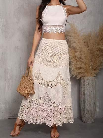 Plus Size Crochet Hollow-Out High-Waisted Midi Skirt