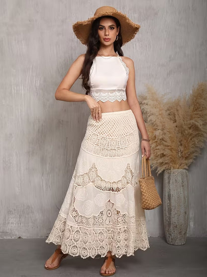 Plus Size Crochet Hollow-Out High-Waisted Midi Skirt