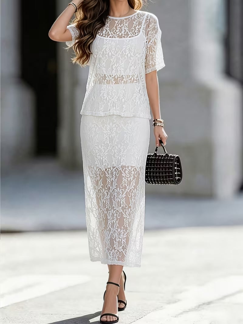Women’s Elegant Lace Hollow-Out 3-Piece Skirt Set