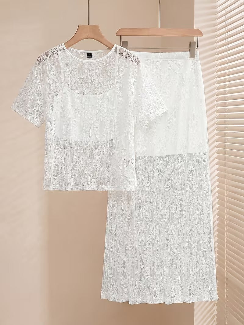 Women’s Elegant Lace Hollow-Out 3-Piece Skirt Set