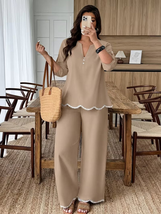 Plus Size Women’s Short-Sleeve V-Neck Top & Relaxed Pants Set