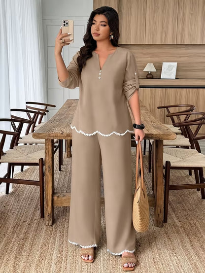 Plus Size Women’s Short-Sleeve V-Neck Top & Relaxed Pants Set