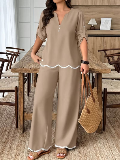 Plus Size Women’s Short-Sleeve V-Neck Top & Relaxed Pants Set