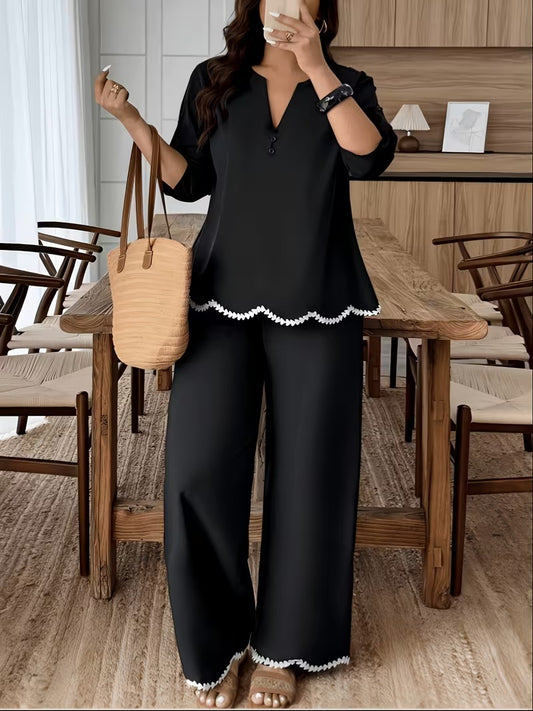 Plus Size Women’s Short-Sleeve V-Neck Top & Relaxed Pants Set