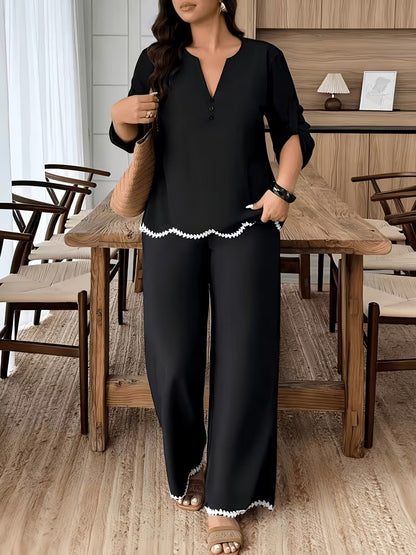 Plus Size Women’s Short-Sleeve V-Neck Top & Relaxed Pants Set