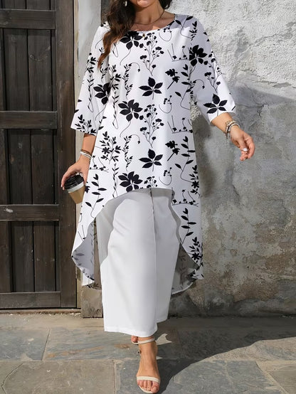 Plus Size Women’s Printed Long Top & Solid Pants Two-Piece Set
