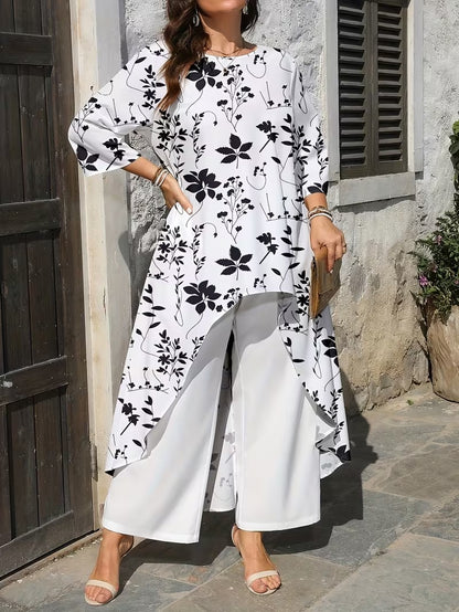 Plus Size Women’s Printed Long Top & Solid Pants Two-Piece Set
