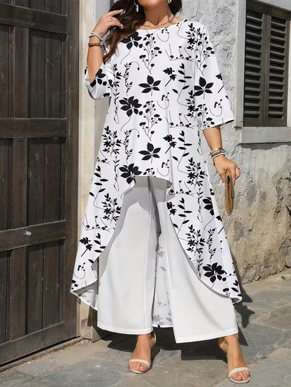 Plus Size Women’s Printed Long Top & Solid Pants Two-Piece Set