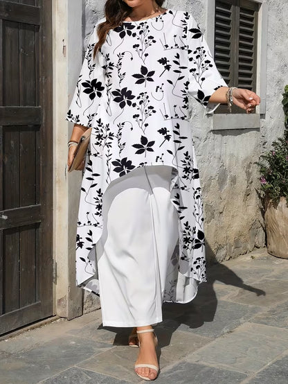 Plus Size Women’s Printed Long Top & Solid Pants Two-Piece Set