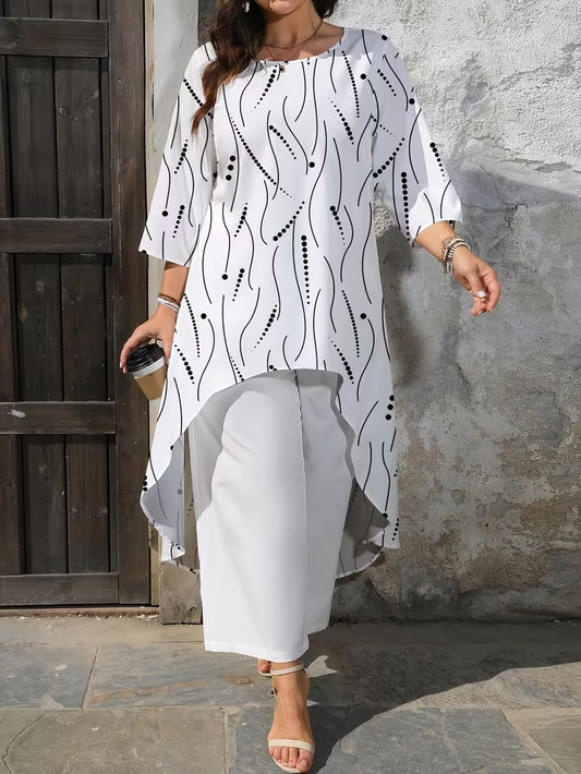Plus Size Women’s Printed Long Top & Solid Pants Two-Piece Set