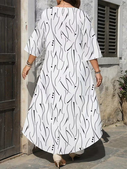 Plus Size Women’s Printed Long Top & Solid Pants Two-Piece Set
