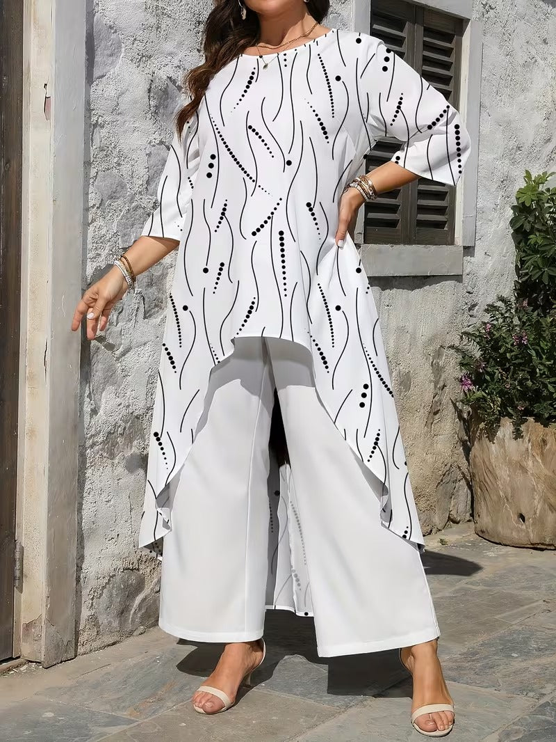 Plus Size Women’s Printed Long Top & Solid Pants Two-Piece Set