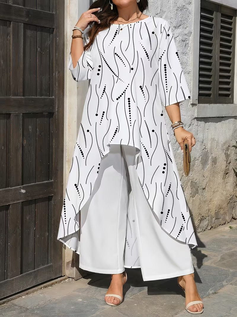 Plus Size Women’s Printed Long Top & Solid Pants Two-Piece Set