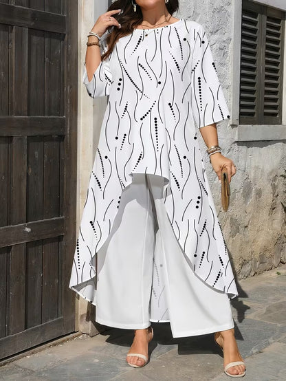 Plus Size Women’s Printed Long Top & Solid Pants Two-Piece Set