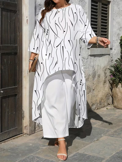 Plus Size Women’s Printed Long Top & Solid Pants Two-Piece Set