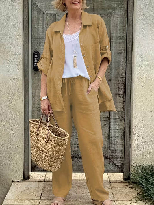 Women’s Loose-Fit Collared Shirt & Trousers Set