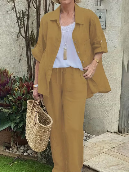 Women’s Loose-Fit Collared Shirt & Trousers Set