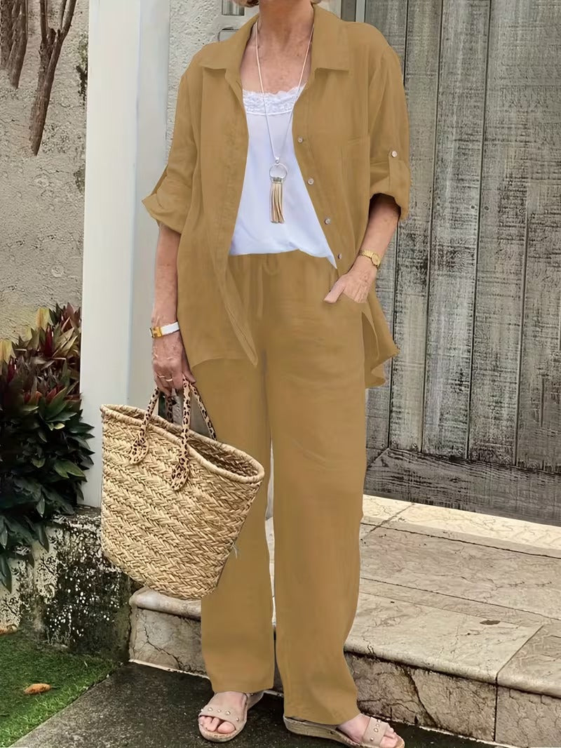 Women’s Loose-Fit Collared Shirt & Trousers Set