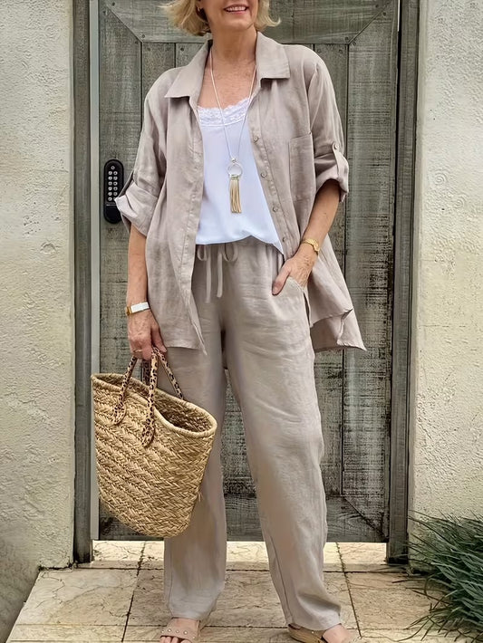 Women’s Loose-Fit Collared Shirt & Trousers Set