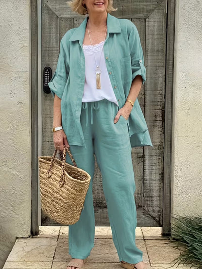 Women’s Loose-Fit Collared Shirt & Trousers Set