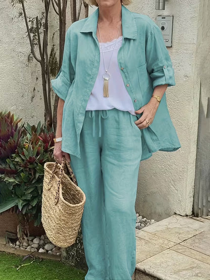 Women’s Loose-Fit Collared Shirt & Trousers Set